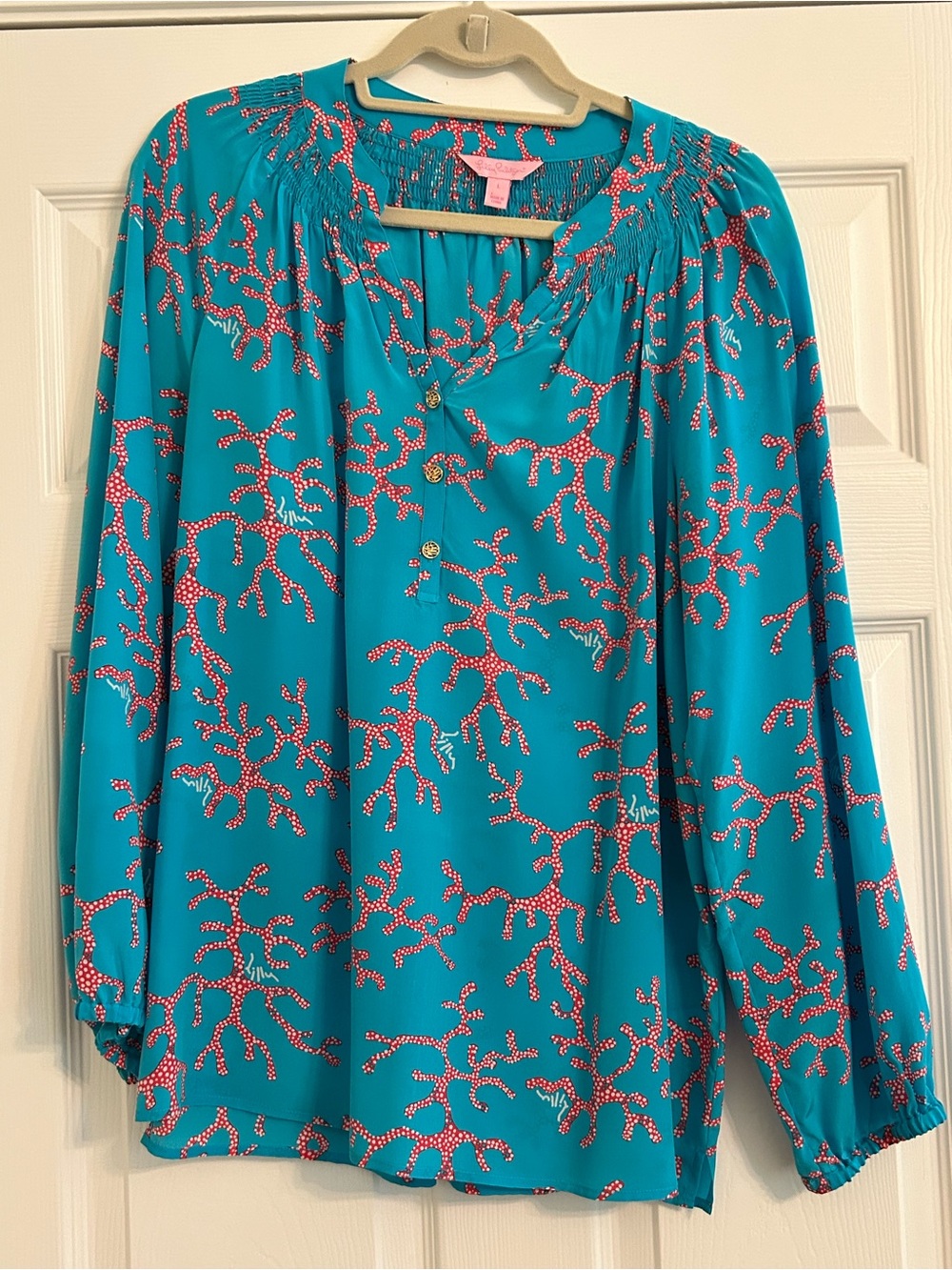 Lilly Pulitzer Elsa Silk Blouse, “Coral Me Crazy”, size L, EUC
